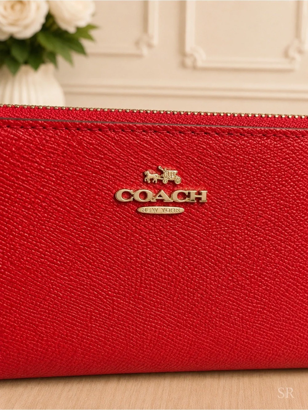 Coach Large Corner Zip Wristlet Red Leather Wallet Gold Hardware